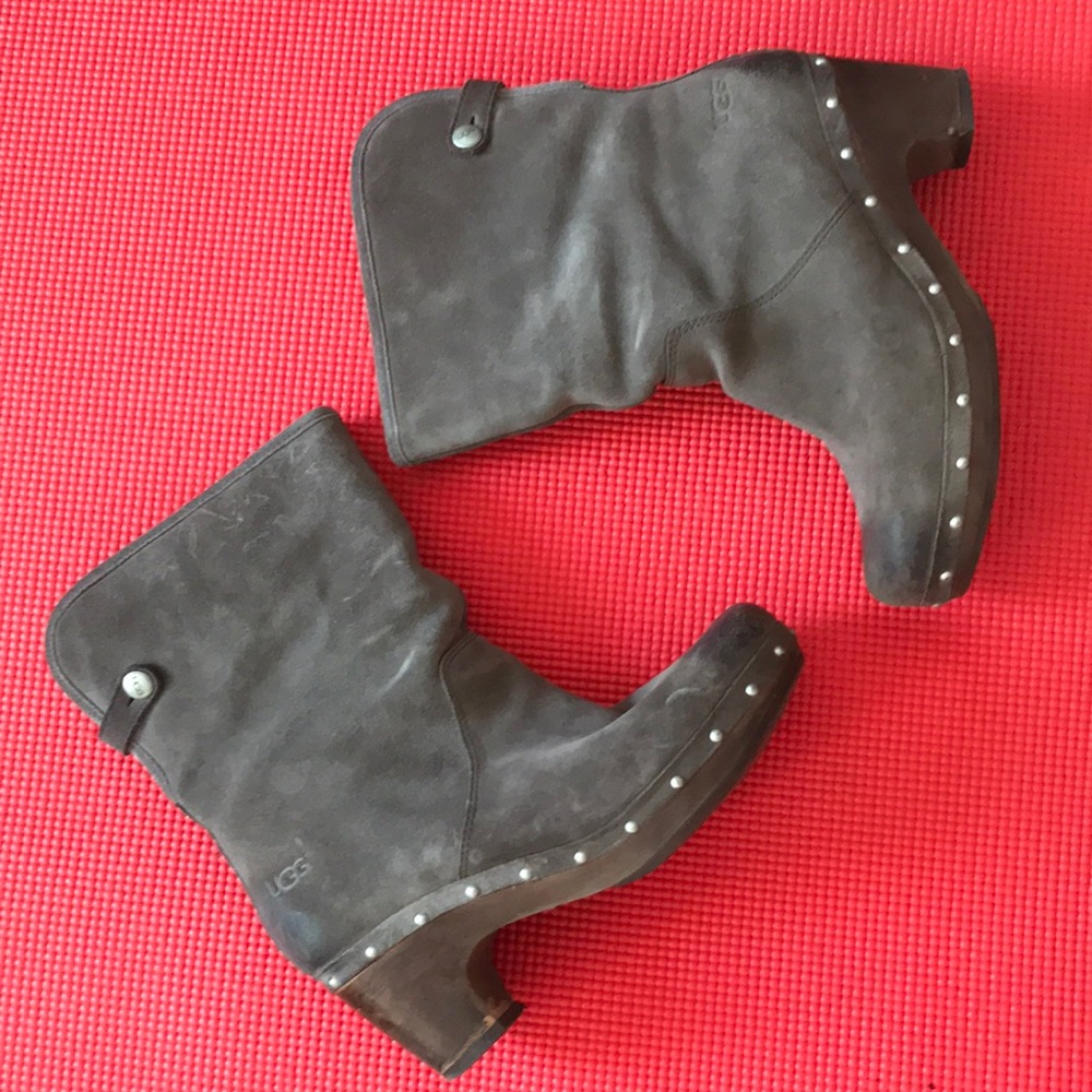 Vintage UGG Gray Suede Clog Heel Booties Sz 7 Sheepskin Lined